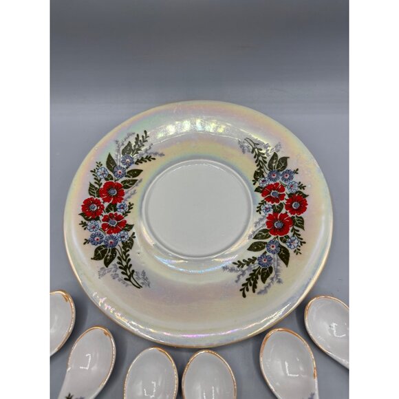 Vtg Honey Jar w 6 Spoons Lustreware Iridescent Floral Ceramic - Picture 7 of 10